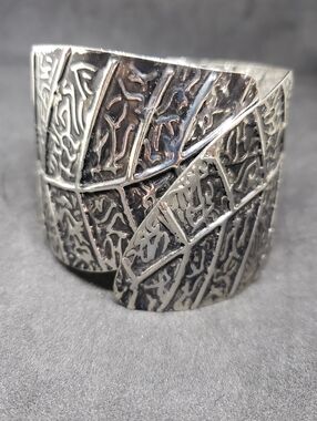 Silver Leaf Pattern Wide Cuff Bracelet